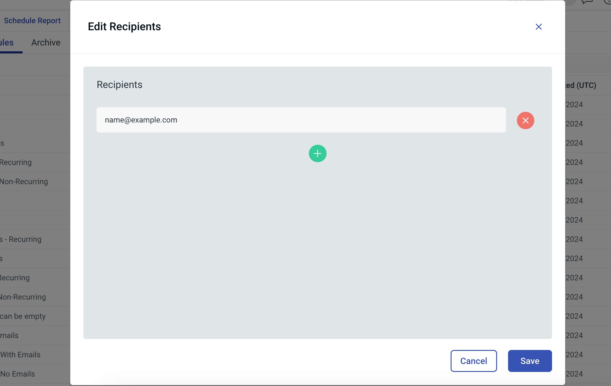 Screenshot of the modal that allows you to add, edit, and remove email recipients for a schedule.