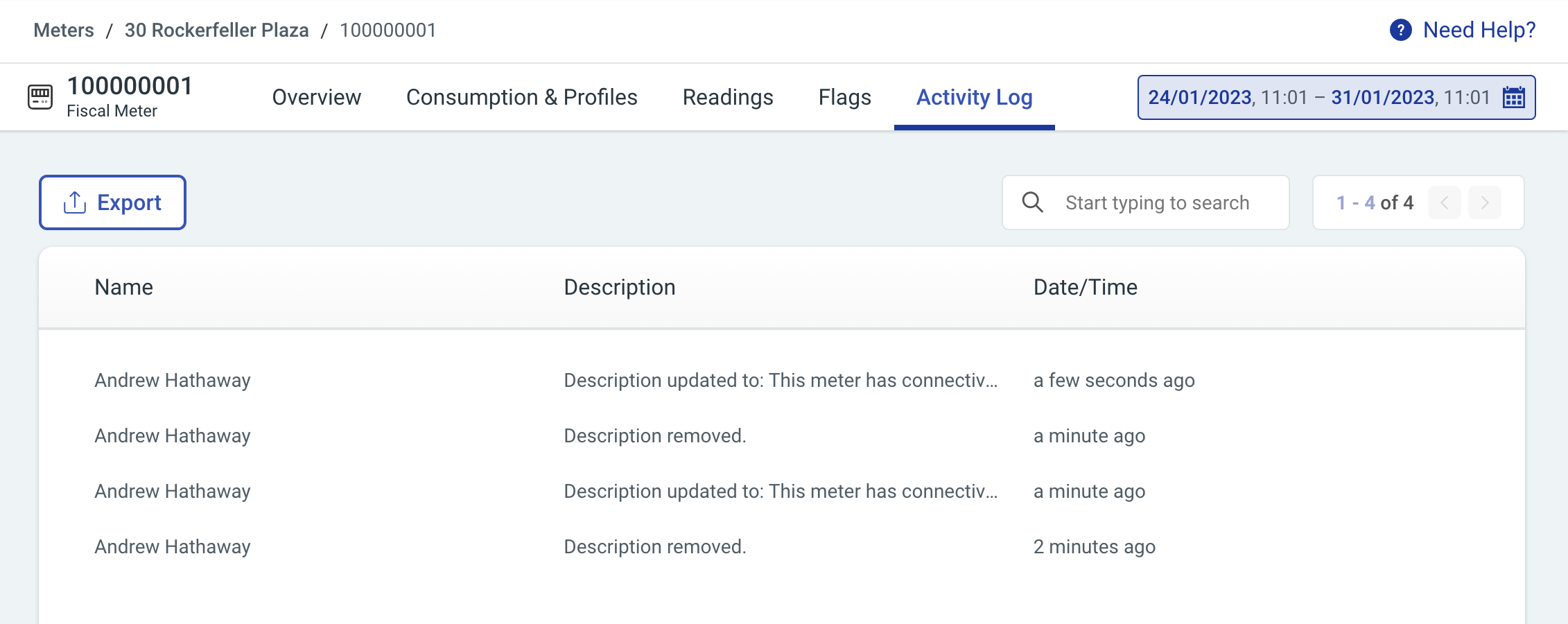 Viewing the Updated Meter's Activity Log