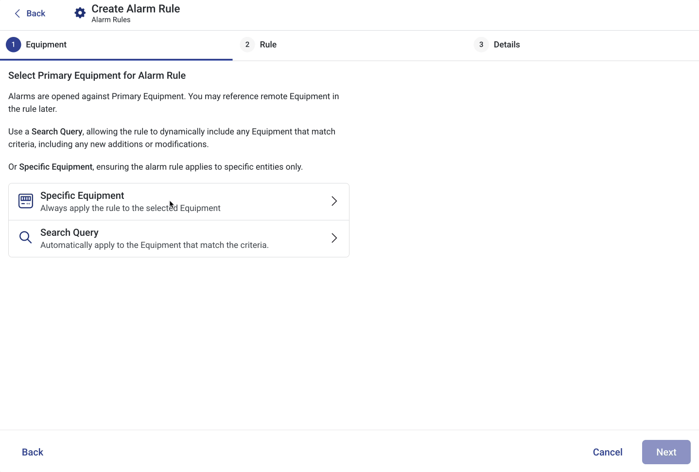 Completing the Equipment Selection step in the Alarm Rule editor