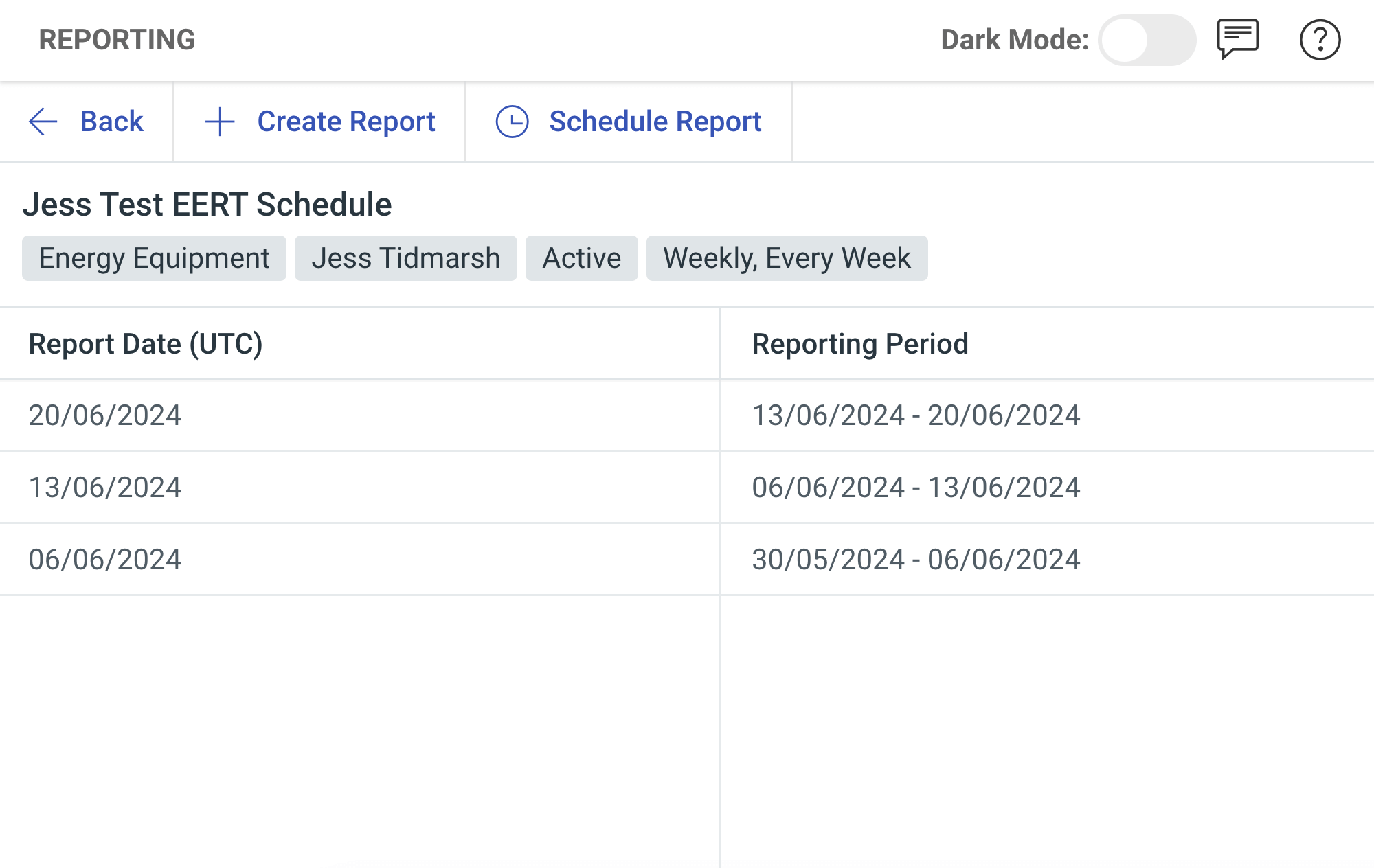Screenshot of the title and information chips for an individual schedule