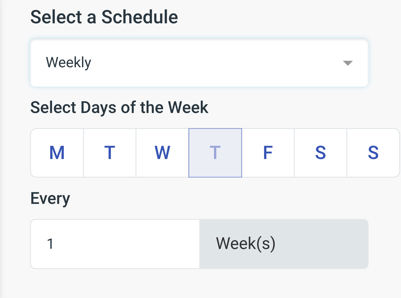 Screenshot of the weekly repeat schedule selection UI in a scheduled report template form
